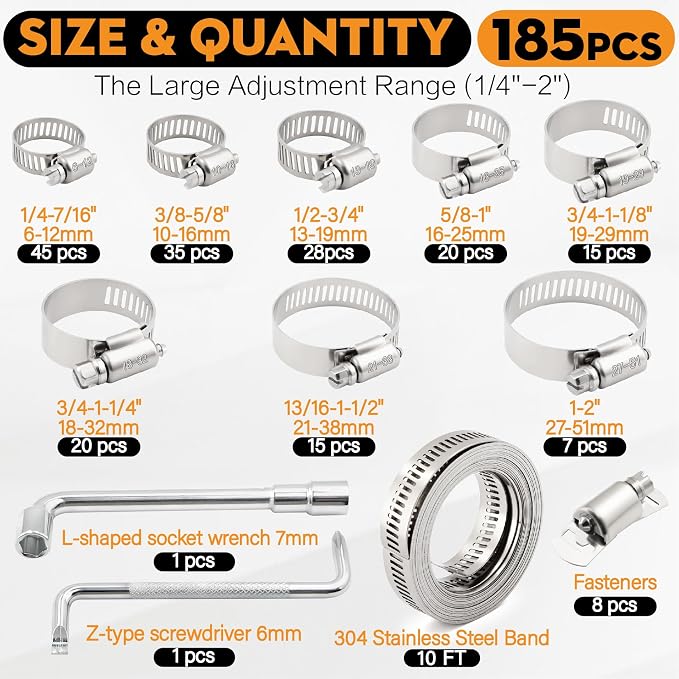 185PCS Stainless Steel Hose Clamp Assortment Kit + 10FT Metal Strap, 1/4"-2"(6-51mm) 304 Worm Gear Heavy Duty Clamps, Radiator Clamps for Automotive Fuel Line Plumbing, with 2 Tools & 8 Fasteners