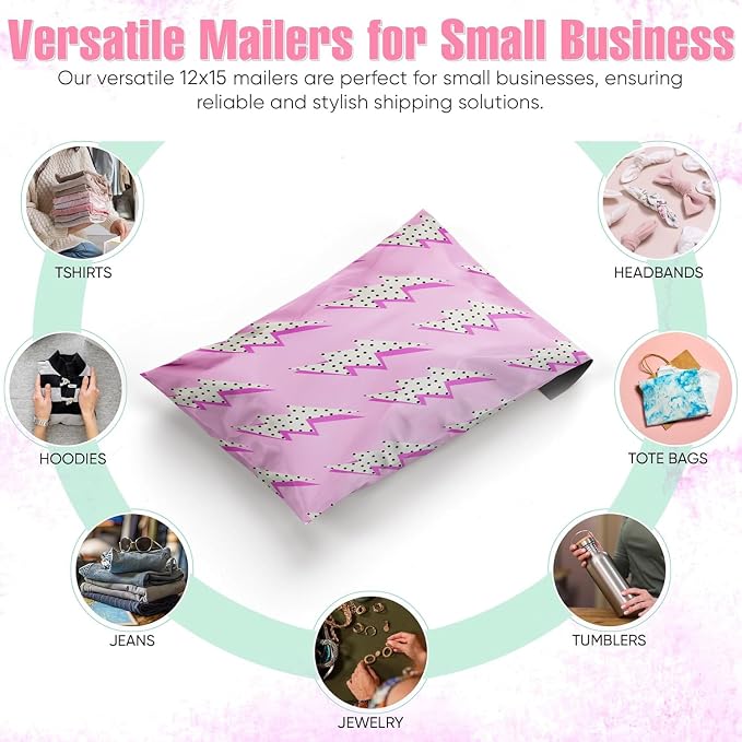 Package Mint 12x15 Poly Mailers -100 Pack Lightning Bolt Design Poly Mailer Shipping Bags - Waterproof, Tear-Resistant, Self-Sealing Adhesive - Durable Decorative Mailing Bags for Clothes, Accessories