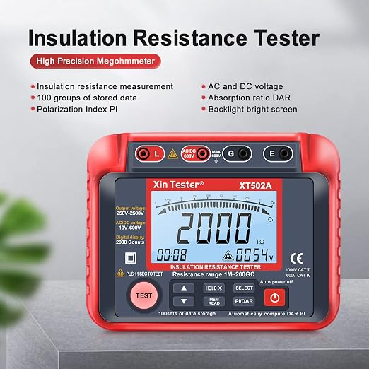 Xin Tester 2500V AC DC Insulation Megger Tester Megohmmeter, 250V/500V/1000V/2000V High Voltage Auto Ranging Auto Earth Grounding 200GΩ Resistance Meter LCD Display XT502A