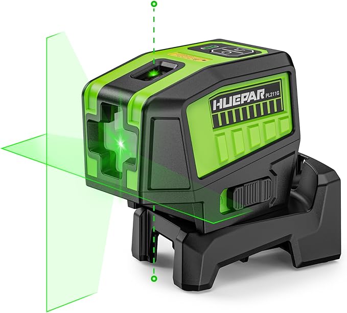 HUEPAR 2 Point and Cross Line Self Leveling Laser Alignment Tool with Plus Mode (98-165Ft), Laser Level & 2 Plumb Dots with 360° Magnetic Base Includes 2 AA Batteries & Hard Carrying Case - PL211G
