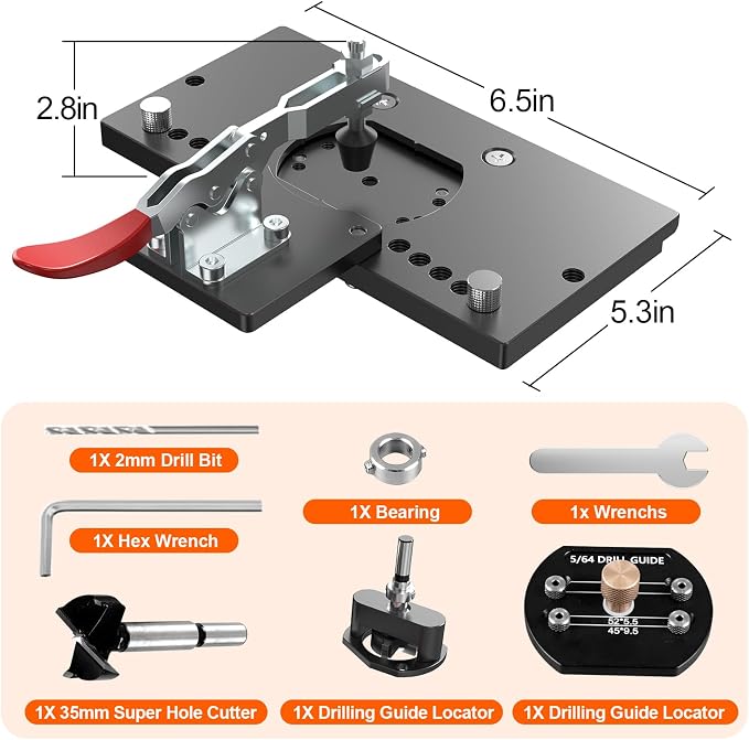 M-T Concealed Hinge Jig with Quick Clamp and Dust Vacuum Adapter 35mm Cabinet Door Hinges Jig Hole Drilling Hardware Jigs for Woodworking Door Cabinet Mounting Tool