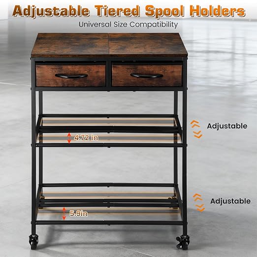 3D Printer Filament Storage Shelf with Drawers& Wheels, Heavy Duty 2-Tier 3D Printer Filament Metal Stand with Storage, Adjustable Filaments Organzied Rack for Workshop Studio Office, 4 Leveling Feet