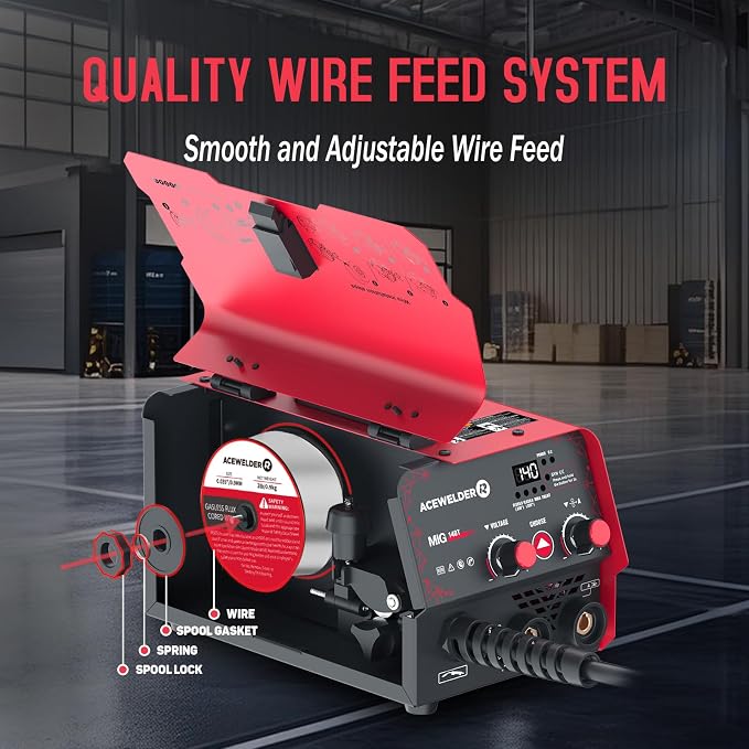 ACEWELDER 140A Gasless Flux Core MIG Welder/Lift TIG/Stick 3 in 1 Welding Machine 110V Portable IGBT Inverter Synergy Welder Machine with Helmet (red)