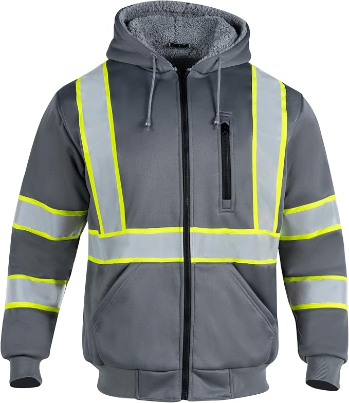 VENDACE Men's ANSI Class 3 High Vis Safety Reflective Sweatshirt Wool Fleece Zipper Jacket Hoodie (Grey,2XL)