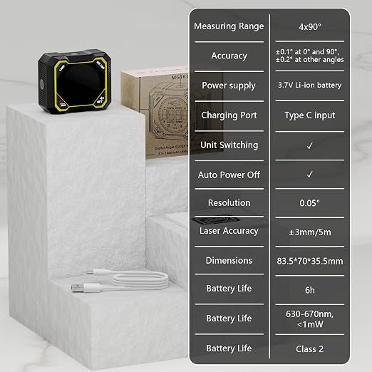 Digital Angle Finder with Laser, Magnetic Inclinometer, USB Rechargeable | 4x90° angle measurement with backlit LCD, auto-rotating display and magnetic base for woodworking, construction and DIY.
