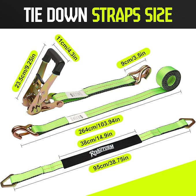 4-Pack 10,000lbs Break Strength Ratchet Straps Heavy Duty, 2 Inch x 10 Feet Tie Down Straps with J-Hooks & Clips & 2" x 38"Axle Straps for Car Trailer Truck, UTV, Motorcycle, Cargo & More - Green