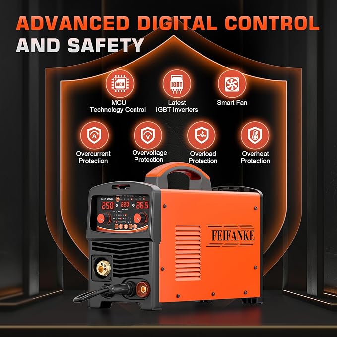 250A Aluminum Pulsed MIG Welder 110V/220V, 6 in 1 Gasless Flux Core MIG/Gas MIG(MAG) /Single Pulse MIG/Lift TIG/Stick/2T 4T Spot Multiprocess Welder with Synergic/Manual Control Welding Machine