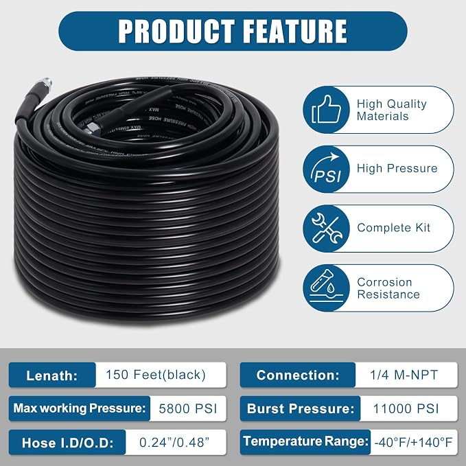 150FT Sewer Jetter Kit for Pressure Washer, 5800PSI Drain Cleaner Hose 1/4 Inch NPT Corner with 4 Sewer Jetting Nozzles，Waterproof Tape，Pearl Corsage Pin，Handle Strap & 2 Spanners (Black)