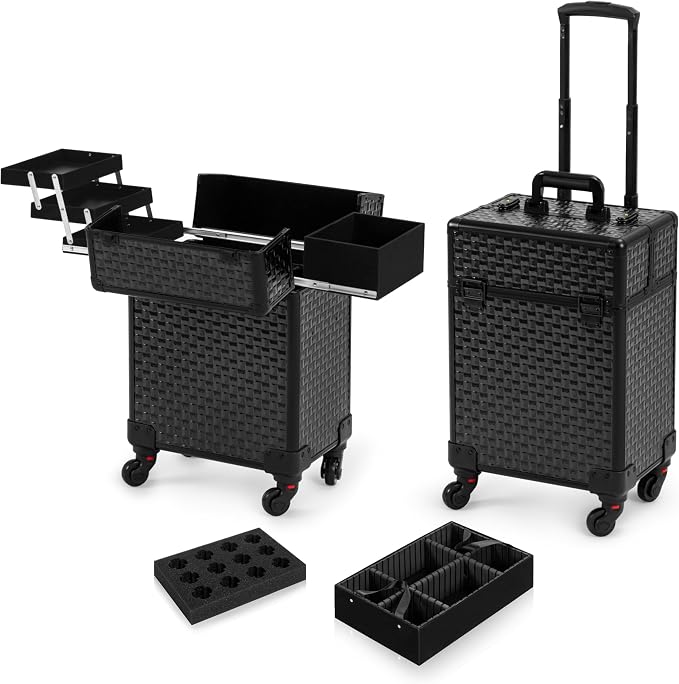 AROUS Rolling Makeup Train Case, Large Storage Cosmetic Trolley with 4 Aluminum Trays, 360 Swivel Wheels, Keys, Traveling Cart Trunk for Nail Technicians Hairstylist, Black