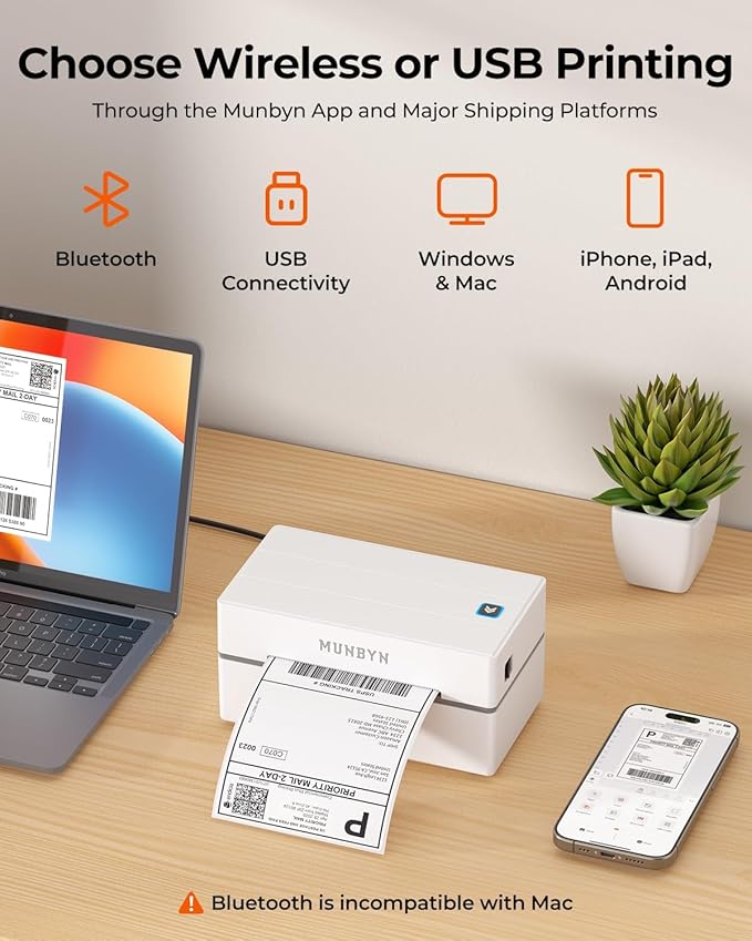 MUNBYN Bluetooth Thermal Label Printer, 130B Wireless 4x6 Shipping Label Printer for Shipping Packages Small Business Office or Home, Compatible with iPhone Android iPad Windows macOS Chrome