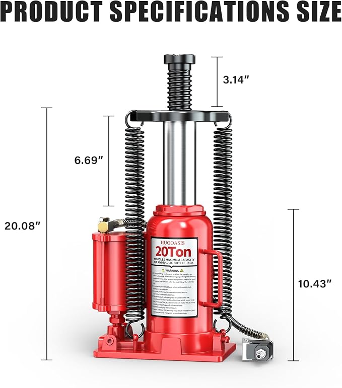 20 Ton Air Hydraulic Bottle Jack, 10-3/8" to 20-1/16" Lift Range, Manual and Air Pump Dual Operation, for Car, Auto Repair, Truck, Industrial Engineering