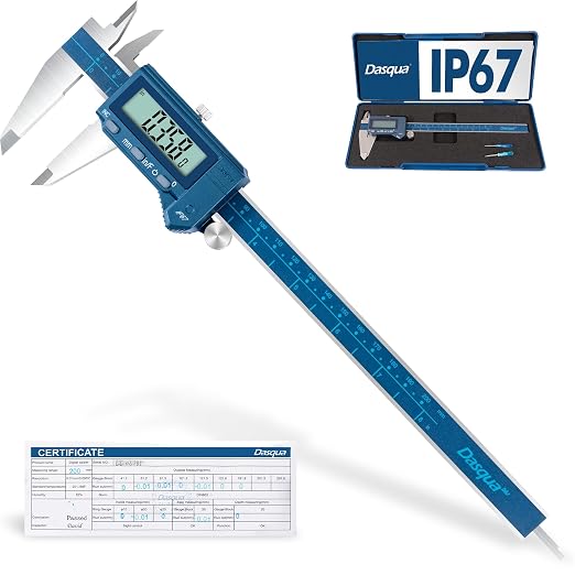 Dasqua 8"/200mm IP67 Digital Caliper, Stainless Steel, ±0.03mm/0.0015" Precision, Coolant-Proof, Inch/mm Conversion, Large LCD Display, Protective Case