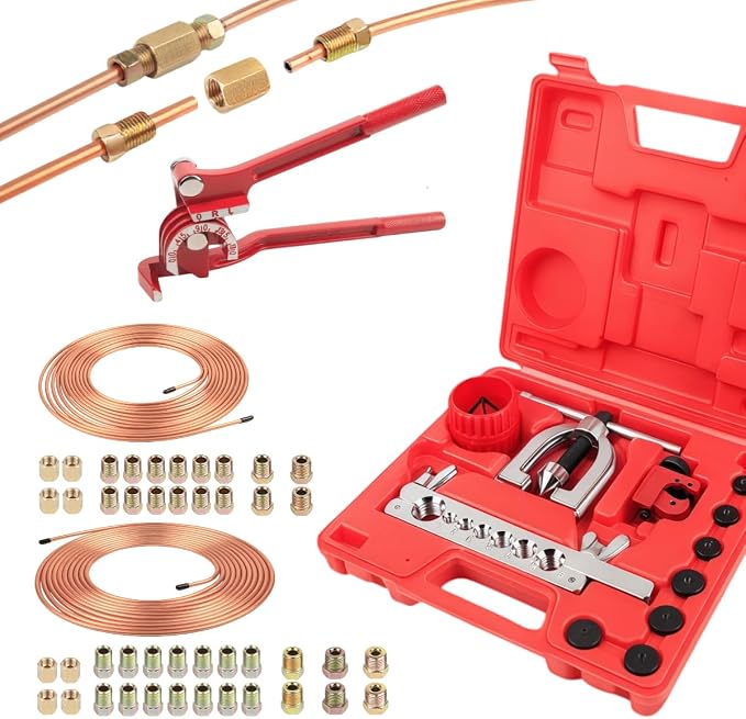 Wostore 25 FT 3/16"+1/4" Copper Coated Brake Line Kit with 44 Brass Fittings & Double/Single Flaring Tool Kit, Complete Brake Line Repair Solution for Cars, Trucks, Motorcycles