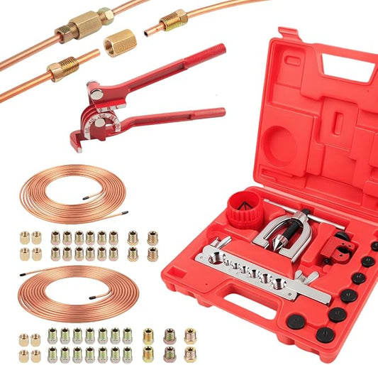 Wostore 25 FT 3/16"+1/4" Copper Coated Brake Line Kit with 44 Brass Fittings & Double/Single Flaring Tool Kit, Complete Brake Line Repair Solution for Cars, Trucks, Motorcycles