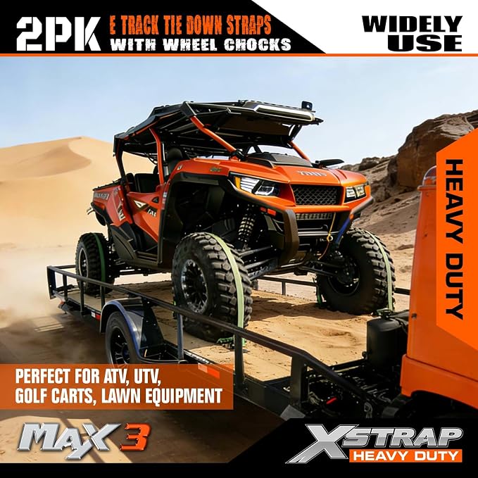 XSTRAP STANDARD Wheel Chock E-Track Tie Down Straps Kit, 2 Pack 2" x 9FT Over-The-Tire Ratchet Straps with Steel Wheel Chocks, 1466 lbs WLL for ATV, UTV, Lawn Mower, Trailer Hauling, Green