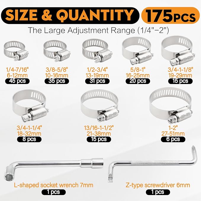 175PCS Stainless Steel Hose Clamps Assortment Kit, 304 Worm Gear Heavy Duty 1/4"-2"(6-51mm) Adjustable Clamps Set with 2 Tools, for Automotive Fuel Line Plumbing Pipe Radiator