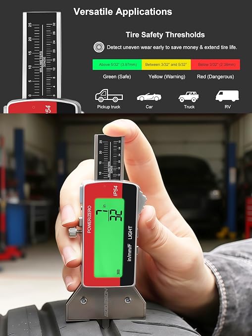 GODESON Tire Tread Depth Gauge,Rechargeable Digital Tire Depth Gauge - USB-C,3-Unit Switch (mm/Decimal/Fraction Inch), Backlit LCD Display, Auto Power Off, 0-32NDS for Car/SUV/Truck Wear Measurement