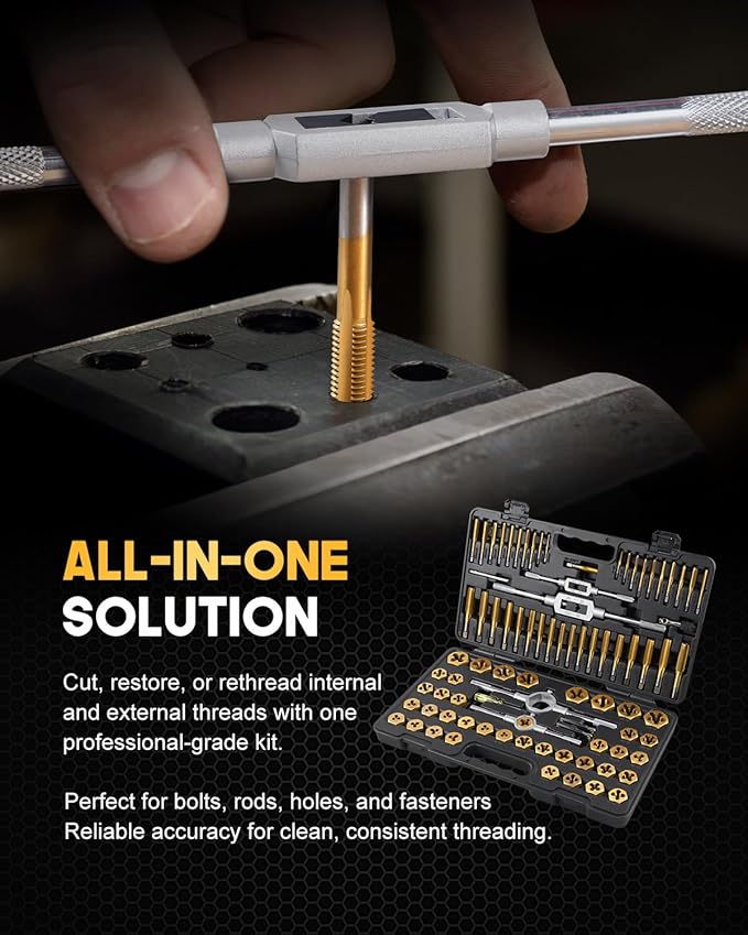 Kolvoii 86-Piece Tap and Die Set, Metric Size M3 to M16 and SAE Size #4 to 5/8", Titanium-Coated GCr15 Steel Rethreading Tool Kit with Coarse and Fine Threads for Internal and External Threads