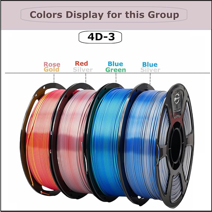 4KG Dual Color Silk Filament, Silk PLA 3D Printer Filament 1.75mm, 1KG Spool(2.2 lbs), 4 Pack, PLA Silk Dual Color,Shiny Rosegold+ RedSilver+Bluegreen+BlueSilver