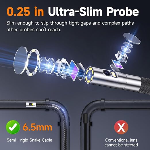 FOXWELL Elite Dual Lens 2-Way 220° Articulating Borescope, 0.25in Ultra-Slim Probe, HD IPS Display, IP67 Waterproof, Flexible Camera for Automotive, HVAC, Plumbing & Industrial Inspections 5.3FT