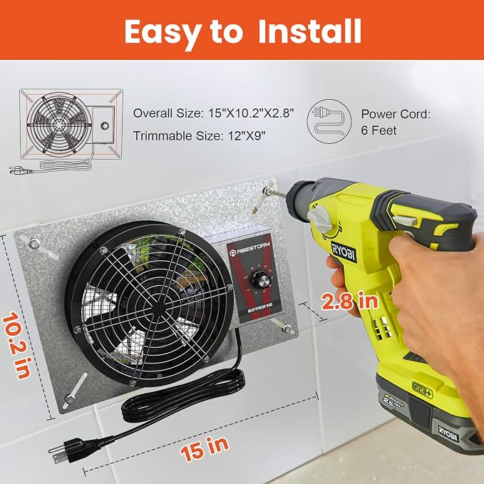 Abestorm 540CFM IP-55 Rated Crawlspace Ventilation Fan with Humidistat Thermostat, 8.7inch Basement Vent Fans with Isolation Mesh, Ventilator Fan for Crawl Space Basement Garage Attic Grow Tent