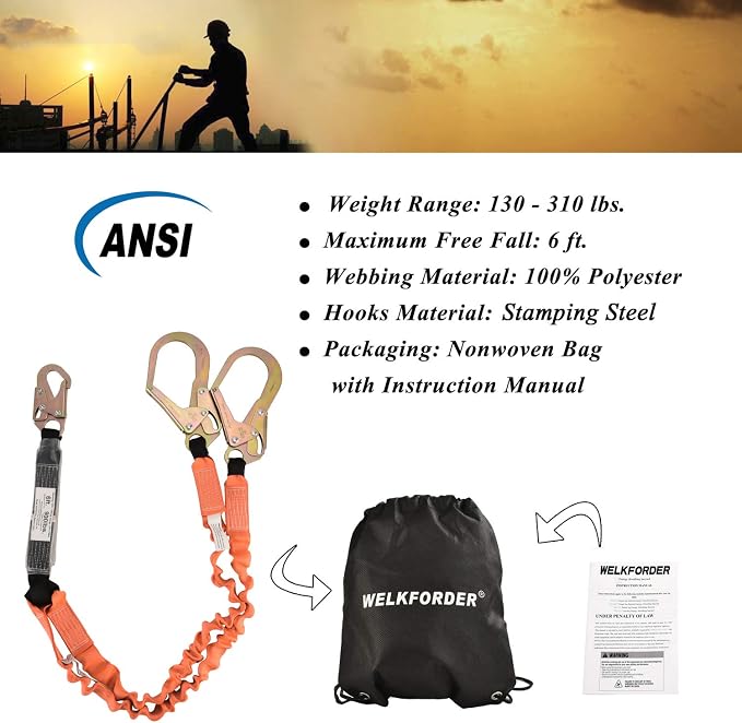 Double Leg 6-Foot Safety Lanyard for Consturction Shock Absorber Stretchable Lanyard with Snap & Rebar Hook Connectors ANSI Z359.13-2013 Complaint