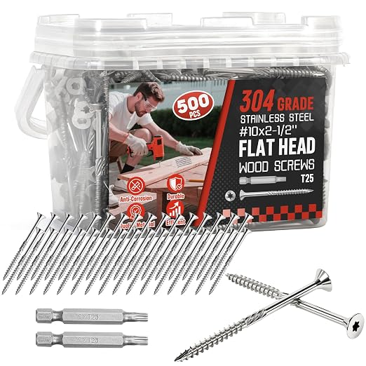 #10x2-1/2 Inch 304 Stainless Steel Deck Screws 500 PCS - Corrosion-Resistant Outdoor Wood Fasteners for Fences, Decks, Wood Project - T25 Star Drive Bit