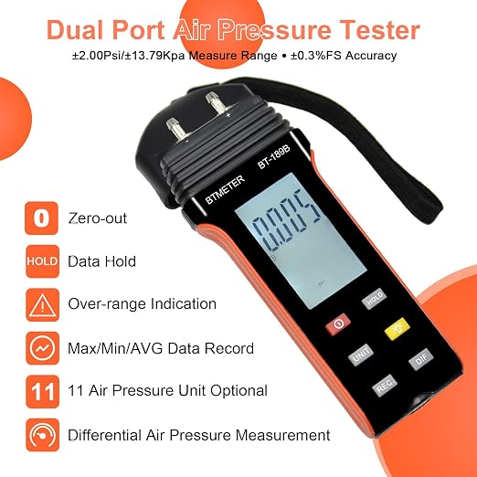 BTMETER BT-846A CFM Anemometer & BT-189B Dual-Port Manometer Kit – Air Flow Meter and Gas Pressure Tester Differential Pressure Gauge for HVAC System Inspection & Air Balancing
