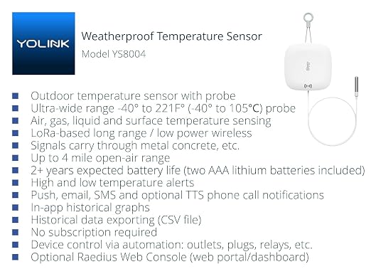 YoLink Weatherproof Fluid, Air, Surface Extreme High/Low Temperature Sensor with Probe, 1000 feet Long Range, App Alerts, Text/SMS, Email Alerts, YoLink Hub Included