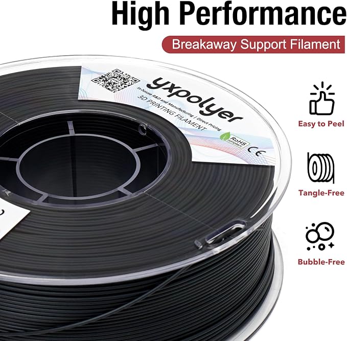 YXPOLYER Breakaway Support Filament 1kg 1.75mm Black with Heat-Resistant Reusable AMS-Compatible Spool, Solvent-Free Support Material for Nylon, PA-CF, PPS, PC-CF, and More Engineering-Grade Filament