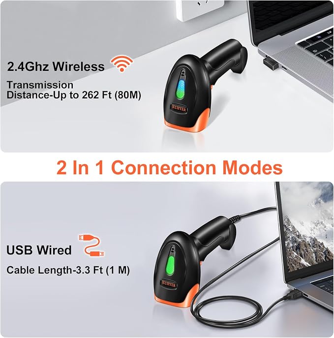 KUIIYER Wireless Barcode Scanner, 2D QR 1D Bar Code Scanners Handheld Barcode Reader with Updated 800 X 600 Pixel CMOS & Built-in Light, Plug & Play for Computers, PC, Laptop, Desktop & POS