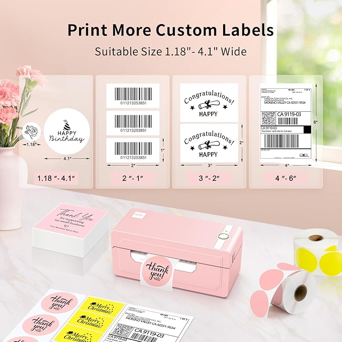 JADENS Bluetooth Thermal Shipping Label Printer – Wireless 4x6 Shipping Label Printer, Compatible with Android, iPhone, Windows & Mac, Widely Used for Ebay, Amazon, Shopify, Etsy, USPS(Pink)