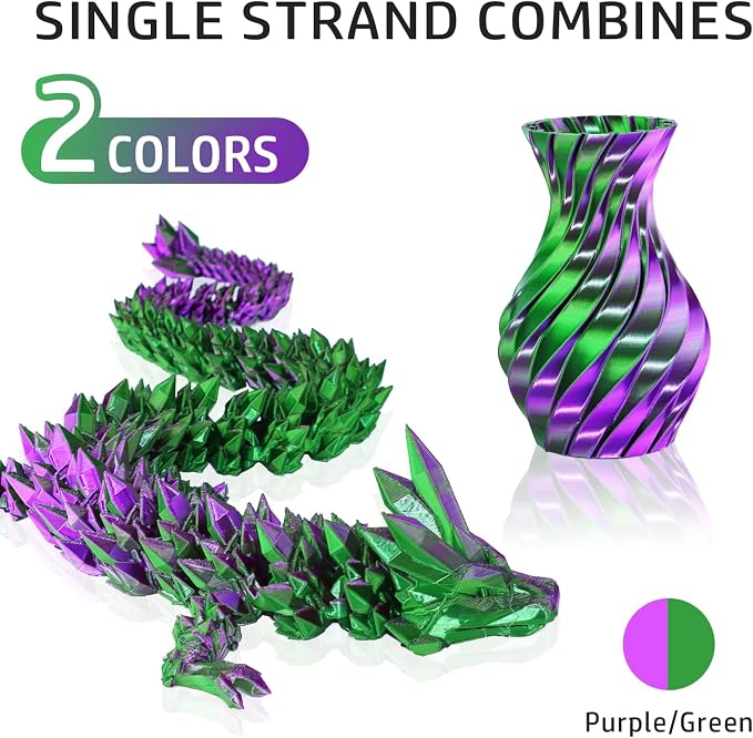 LOVOON PLA 3D Printing Filament Multicolor PLA Filament 1.75mm Silk Dual Color Change by Angle Filament Pla 1.75, Fit Most 3D Printer& 3D Pen, Silk Green/Purple, 1KG(2.2lbs)/Spool