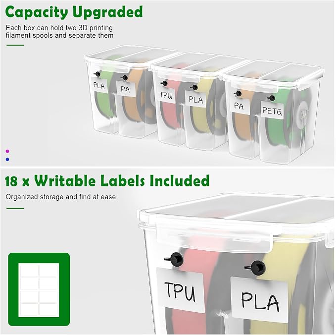 Filament Storage Box with Center Holder - Airtight Filament Storage Container with Labels for 1KG 1.75mm PLA ABS PETG TPU PA, 3D Printing Filament Storage Box with Dual Cable Ports (3 Pack)
