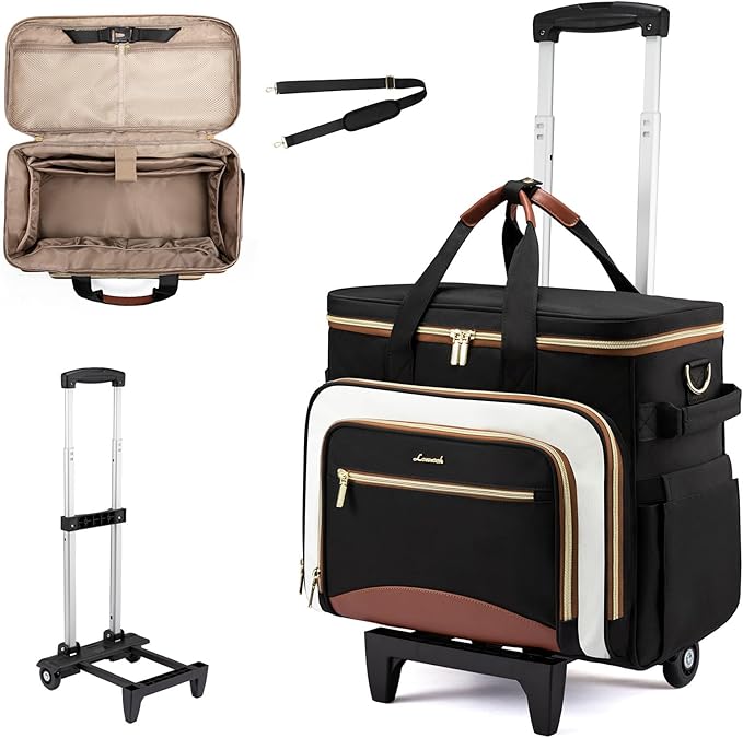 LOVEVOOK Rolling Teacher Bag with Detachable Dolly and Laptop Compartment, Large Rolling Tote Bag fits for 17.3" Laptop for Teacher Office Work Craft Nurse, Black-beige-brown
