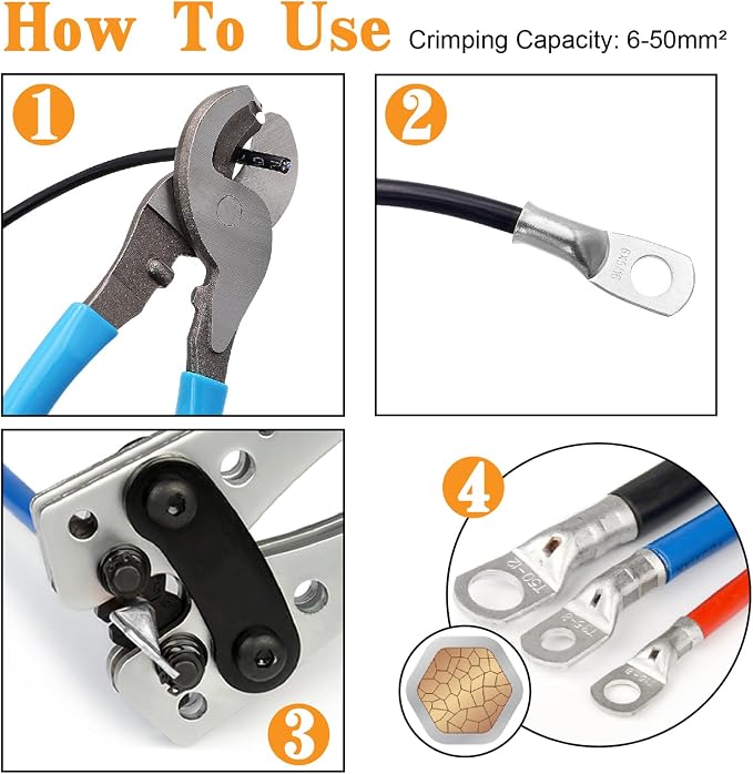 Battery Cable Crimper Wire Lug Crimping Tool for AWG 8,6,4,2,1,1/0 Battery Terminals Crimper with Wire Shear Cutter
