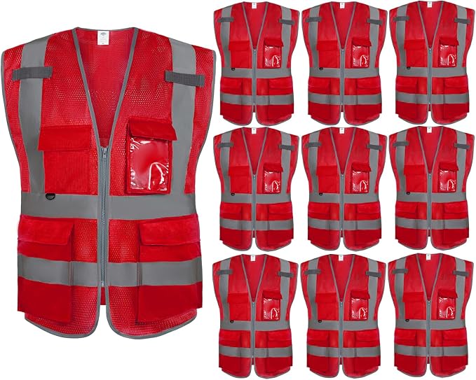Dazonity High Visibility Mesh Safety Vest with Multi Pockets and Zipper, Fit for Men & Women, Work, Construction, Surveyor