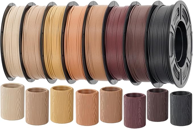Wood PLA 3D Printer Filament Bundle 1.75mm, Over 30% Real Wood Fiber, 8 Pack 250g Mini Spools 2kg Total - Walnut, Ebony, Oak, Mahogany, Light Wood, Teak, Yellow Teak, Brown Teak
