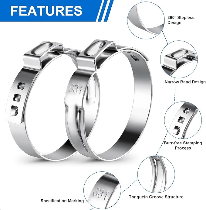 170PCS Single Ear Hose Clamps,11Sizes 5.8-33.1mm 304 Stainless Steel Stepless Hose Pex Crimp Cinch Rings Assortment Kit with Ear Clamp Pincer for Auto, Home, Pipe, Plumbing, Fuel Line, Garden