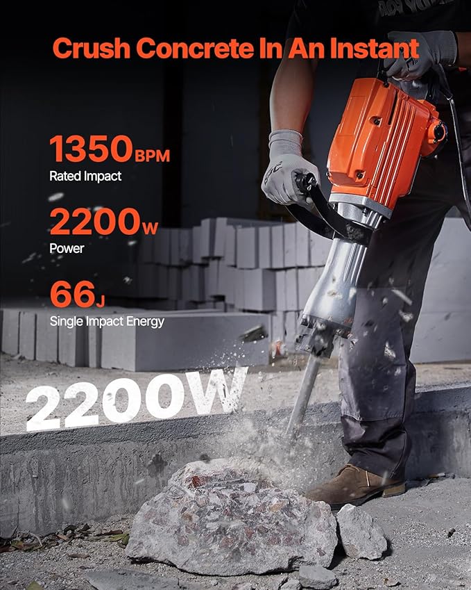 VEVOR Demolition Jack Hammer, MAX 2200W Electric Jackhammer Heavy Duty, 1400 BPM Concrete Breaker 4pcs Chisels Bit Chipping W/Case, Gloves