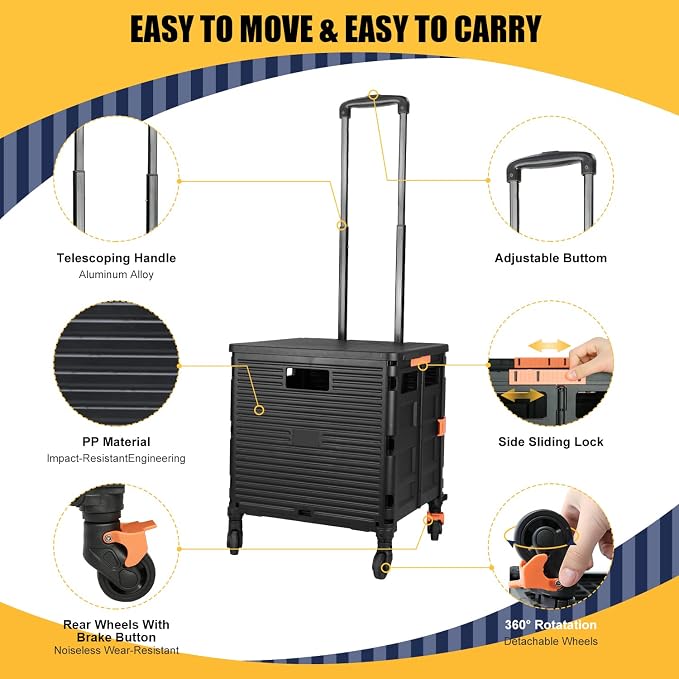 Foldable Utility Cart Collapsible Crate Rolling Carts Handcart Trolley Tool Box Basket 4 360°Noiseless Wheels Lid Telescoping Handle for Shop Grocery Luggage Move Office School Teacher (Pink