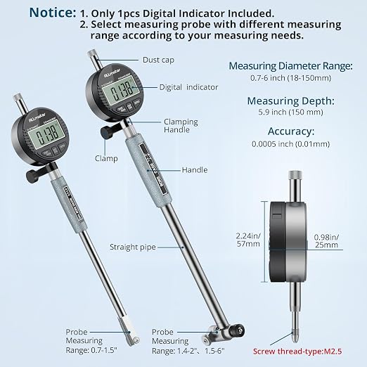 Digital Bore Gauge 0.7"-6",Small Bore & Engine Cylinder Measuring Tool LCD Indicator,23 Anvils,Dual Measuring Rods,0.0005" Resolution,6" Depth for Motorcycle,ATV,Automotive & Hydraulic Bores