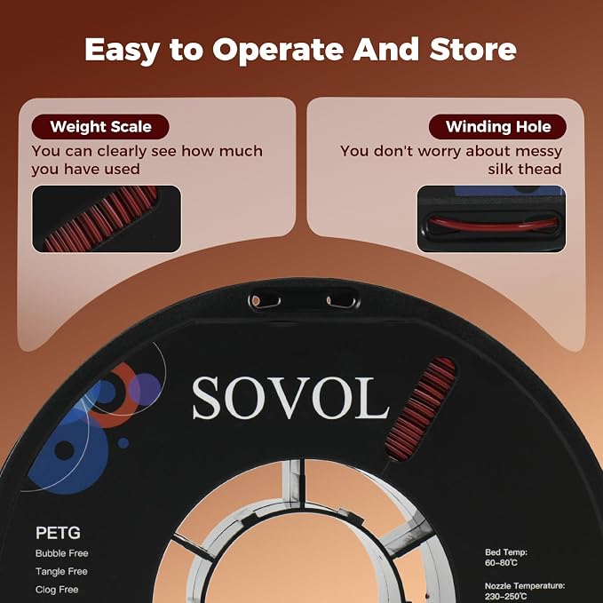 Sovol 3D Printer PETG Filament 1.75mm 1KG (2.2lbs), High Precision, Strong Toughness, Wiring Tightness, Dimensional Accuracy +/- 0.03 mm, 3D Printing PETG Filaments, Brown