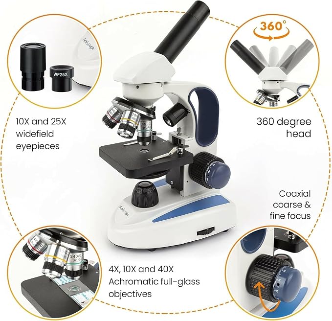AmScope M158C-2L-E1 Digital Cordless Compound Monocular Microscope, WF10x and WF25x Eyepieces, 40x-1000x Magnification, Upper and Lower LED Illumination with Rheostat, Brightfield, Single-Lens Condenser, Coaxial Coarse and Fine Focus, Plain Stage, 110V...