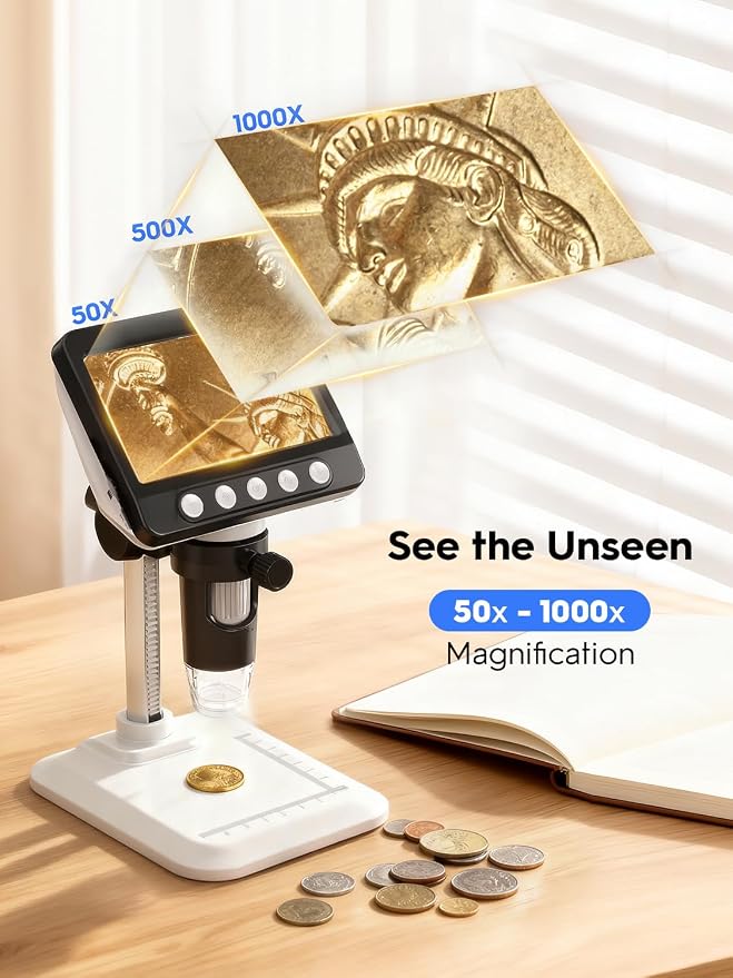 Coin Microscope, 4.3" LCD USB Digital 1000X 1080P Coin Magnifier | 8 Adjustable LED Lights, PC View Compatible with Windows/MacBook for Adults Kids
