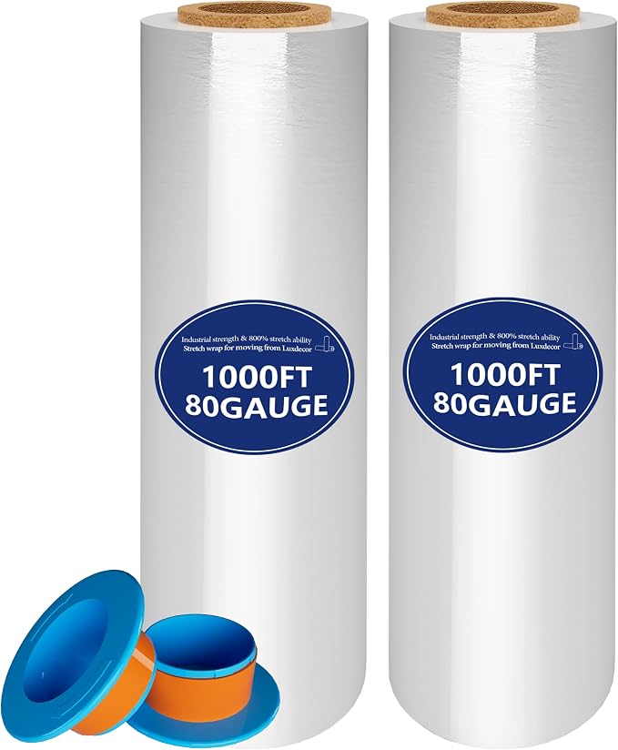 2Pack 18inx1000Ft 80Gauge Industrial Stretch Wrap Film for Pallet Heavyduty | stretch wrap Film-800% stretch secures pallets,furniture & fragile items firmly,perfect for moving,storage,warehouse,shipping