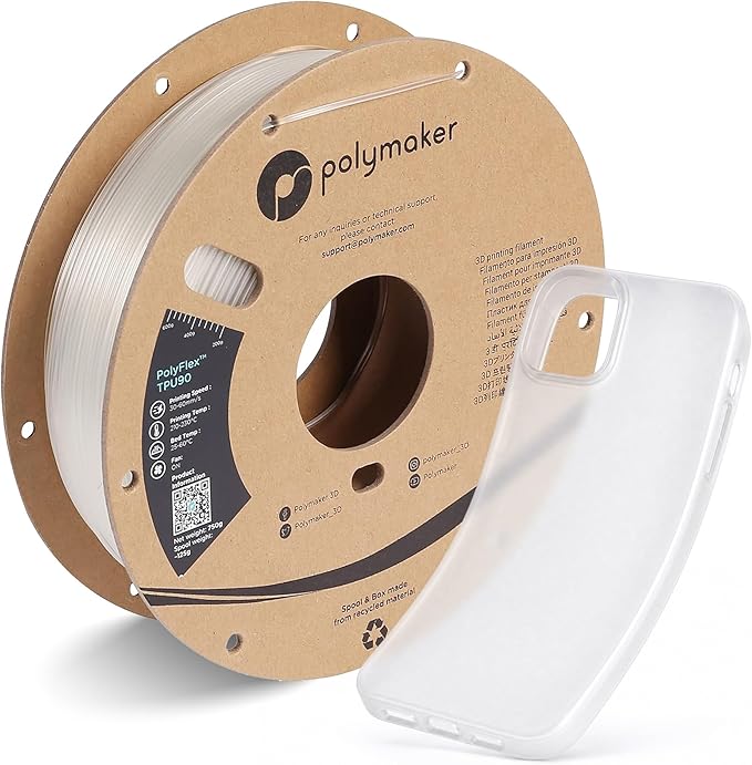 Polymaker TPU Filament 1.75mm Clear, 0.75kg Shore 90A Flexible 3D Printer Filament 1.75mm - PolyFlex TPU90 3D Printing TPU Filament 0.75kg Clear Soft Flexible Filament