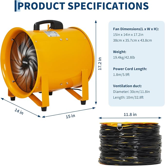 12 Inch Air Mover Blower Fan, 3500 CFM Heavy Duty Industrial Exhaust Fan with 32.8ft Flexible Duct, Low-Noise Portable Blower Exhaust Fan for Construction, Workshops