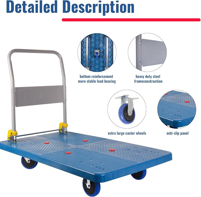 1320lbs Foldable Platform Truck Dolly with Swivel Wheels, Heavy Duty Moving Platform Hand Truck, Moving Flatbed Cart Push Cart Platform Dolly Cart for Groceries, Warehouse(43.31" x 25.51" Blue)