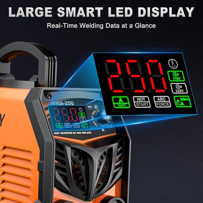 SOARFLY Stick Welder, 250Amp ARC Welding Machine with Large LED Display, Dual Voltage 110V/220V IGBT Inverter Portable Welder w/10 Rods, Ground Clamp, Electrode Clamp, Hot Start, Arc Force, Anti-Stick